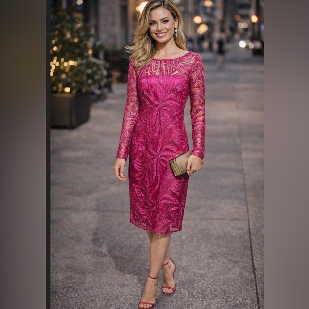 Tahari Fuchsia Lace Sequined long sleeve Midi Dress